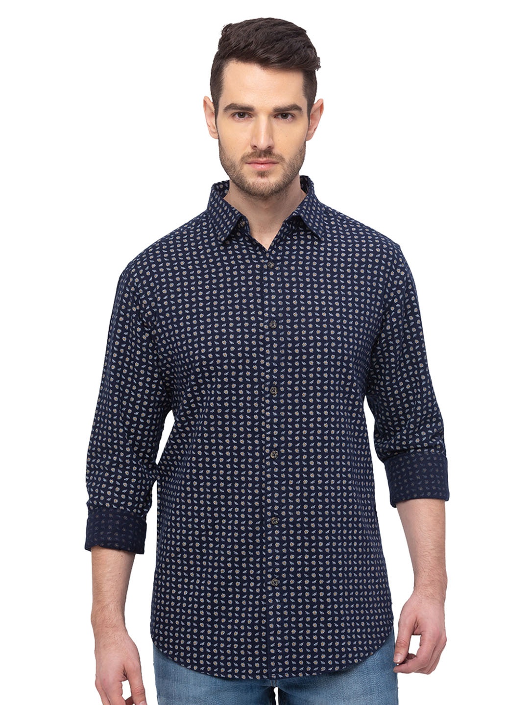

SNX Classic Tailored Fit Floral Printed Pure Cotton Casual Shirt, Navy blue