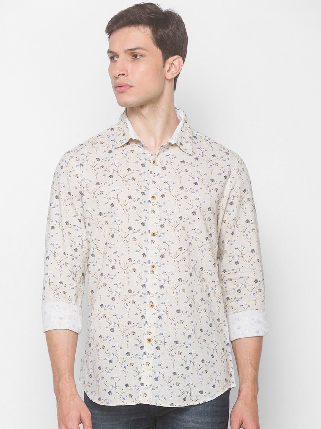 SNX Classic Floral Printed Tailored Fit Cotton Casual Shirt, Beige