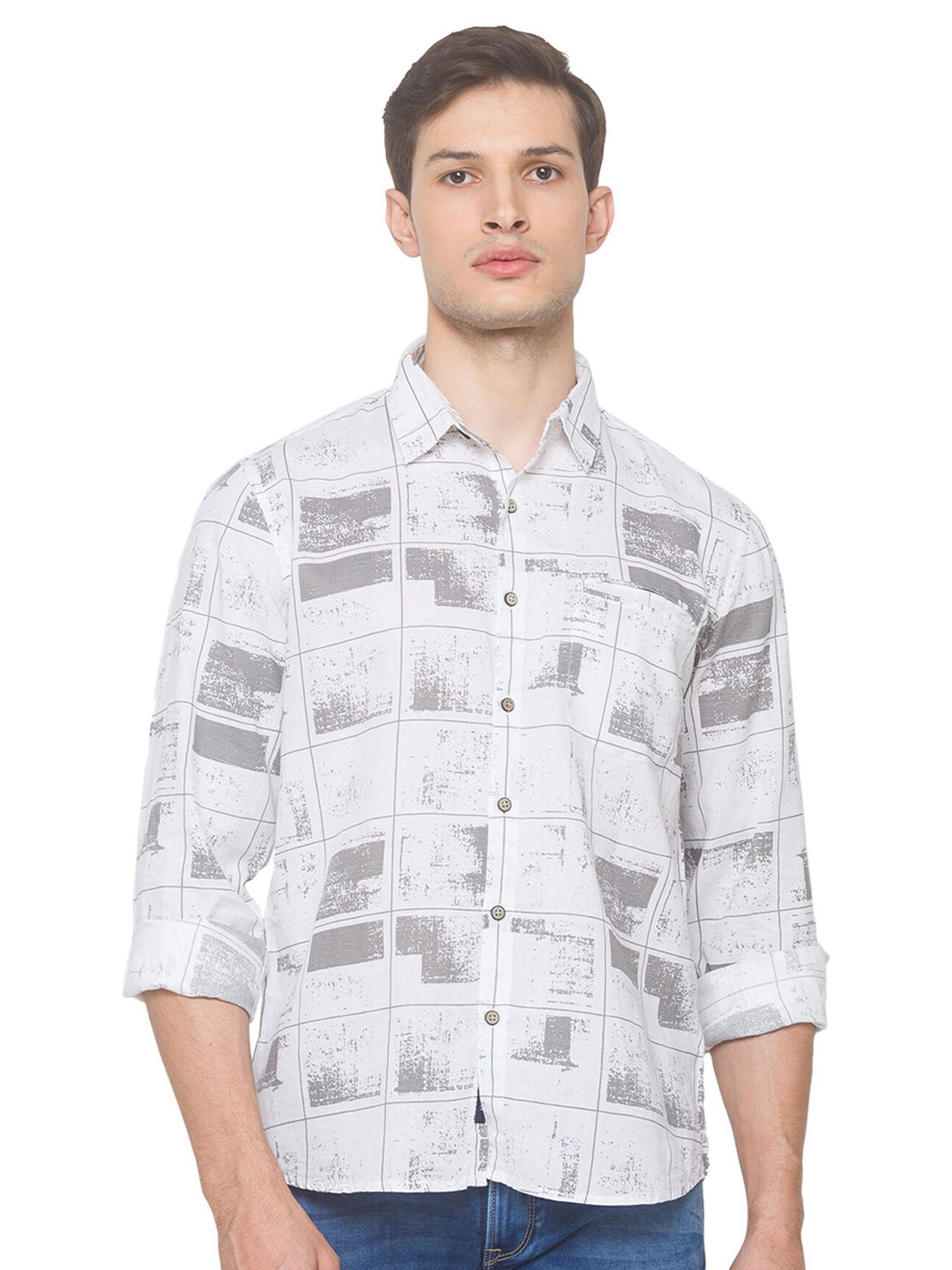 

SNX Classic Tailored Fit Abstract Printed Pure Cotton Casual Shirt, White