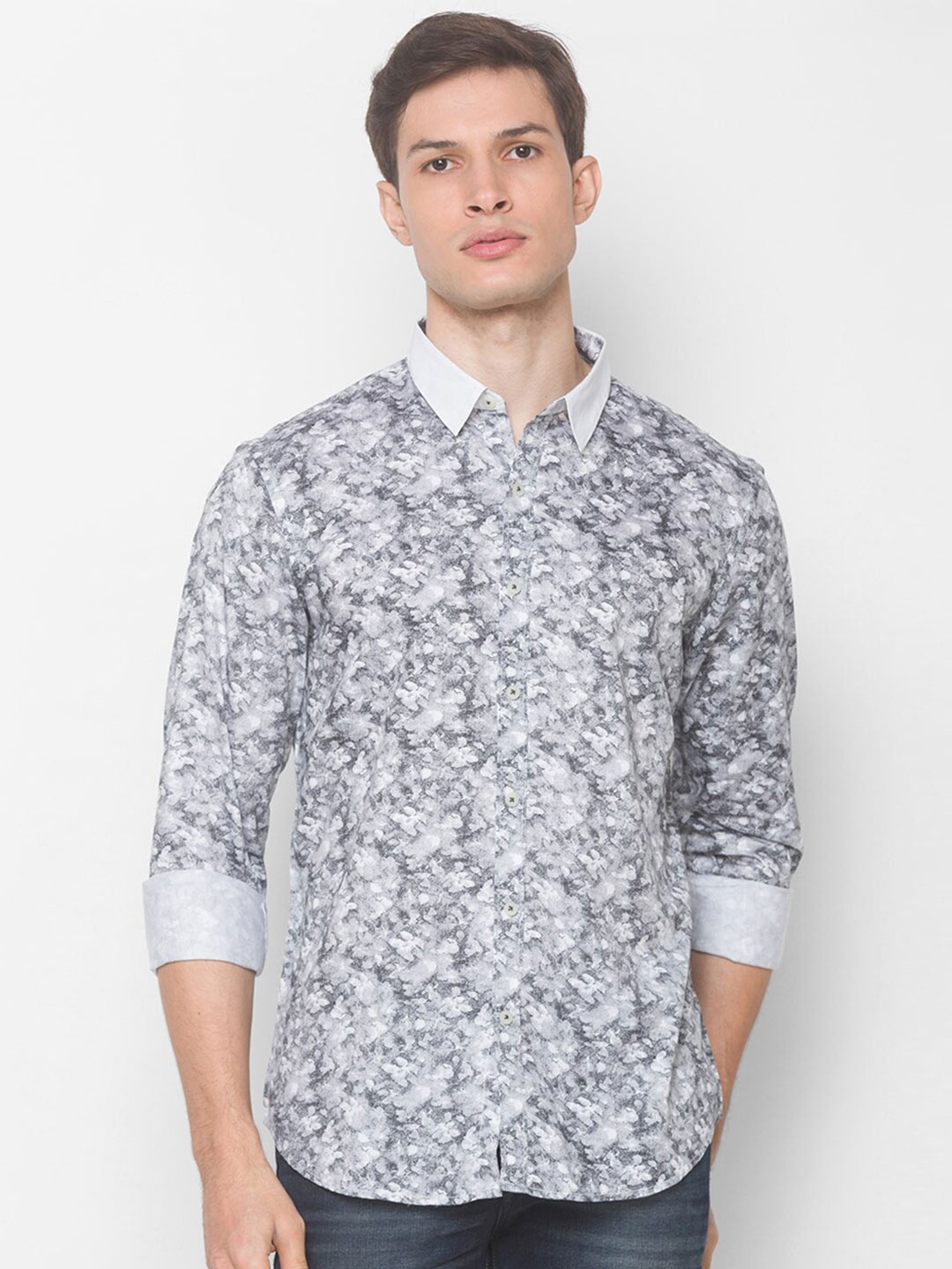 SNX Floral Printed Classic Tailored Fit Cotton Casual Shirt, Grey