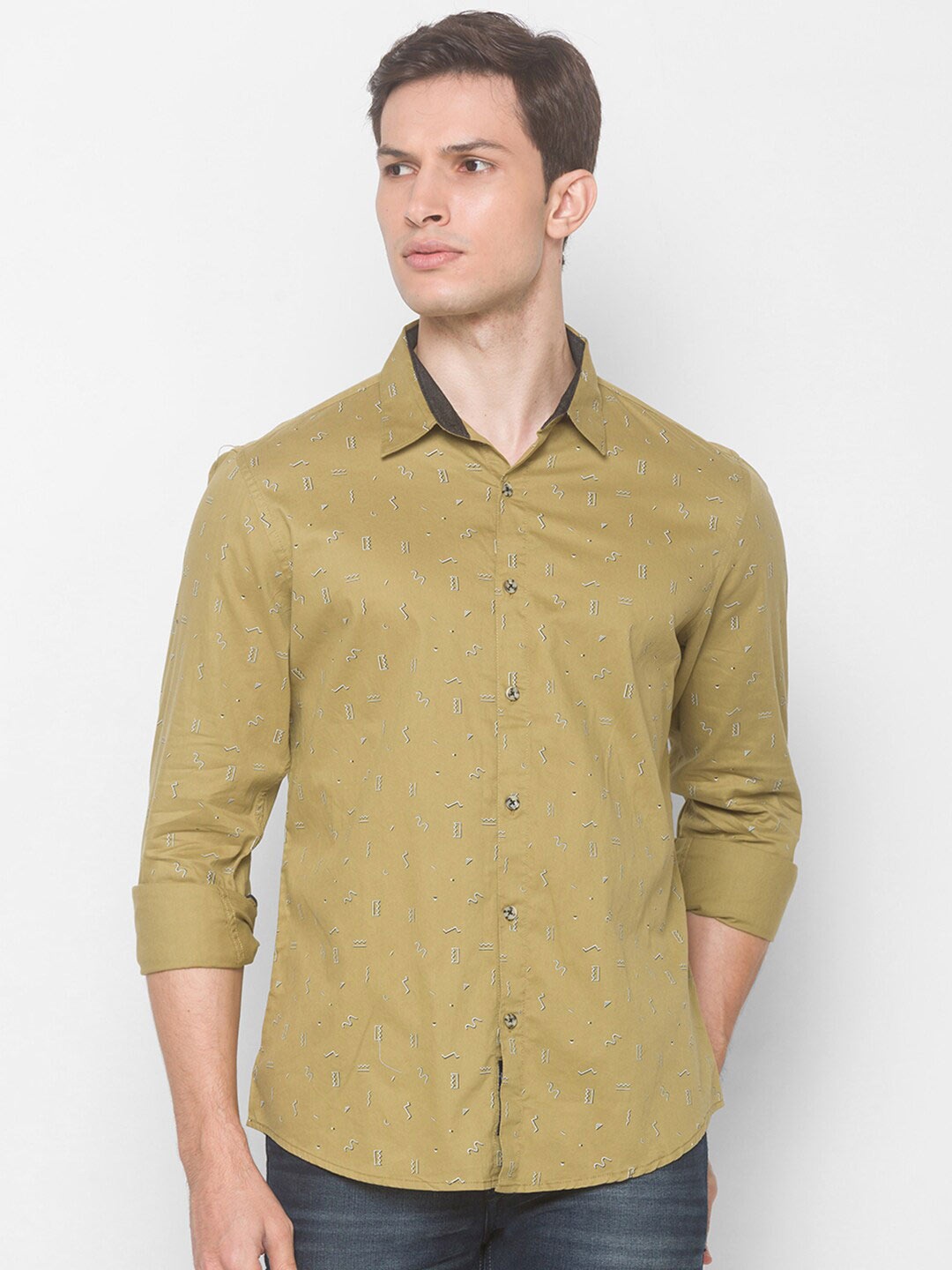 

SNX Abstract Printed Classic Tailored Fit Cotton Casual Shirt, Khaki