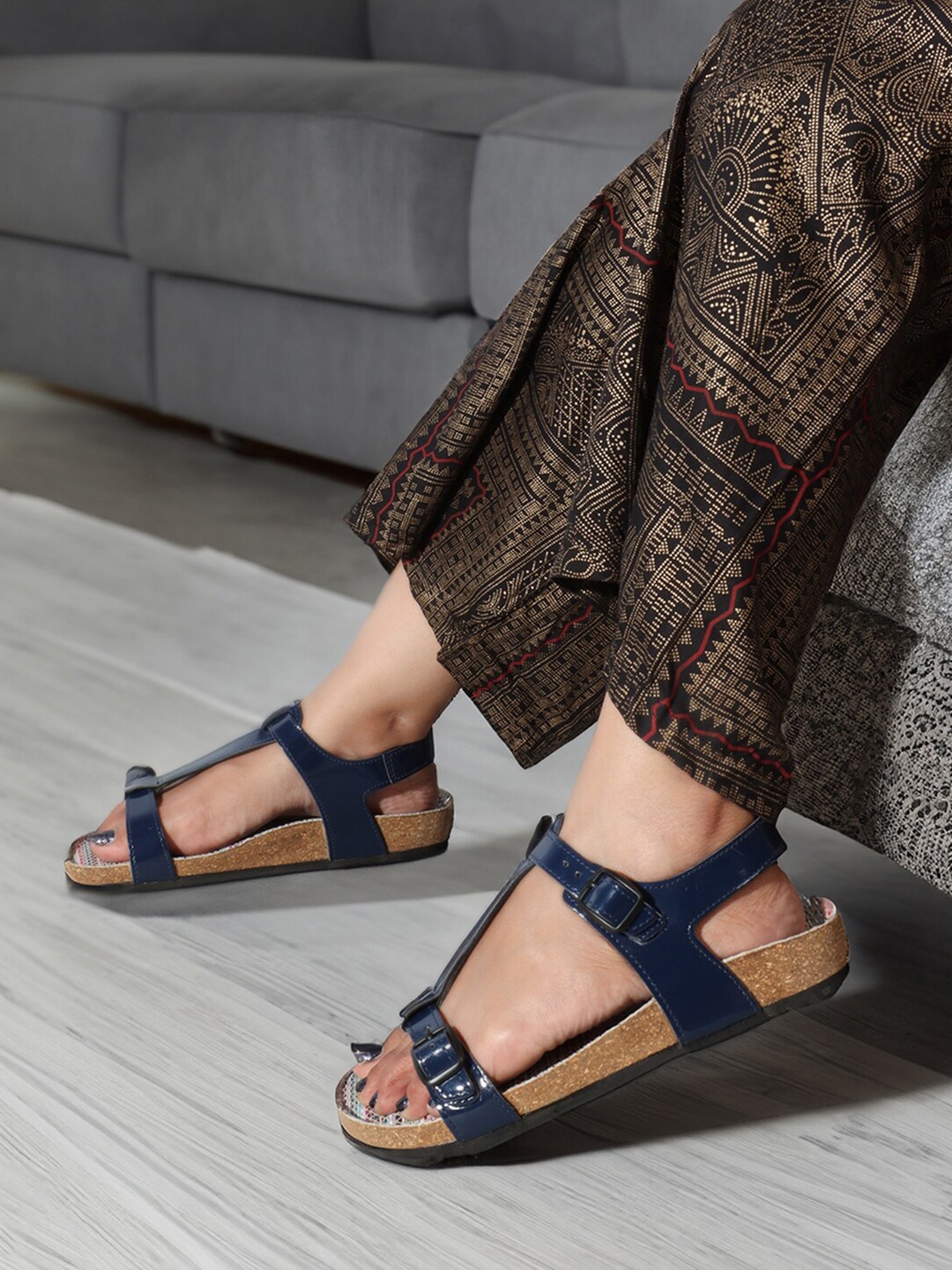 

ELLE Leather Open Toe Flats With Buckles, Navy blue