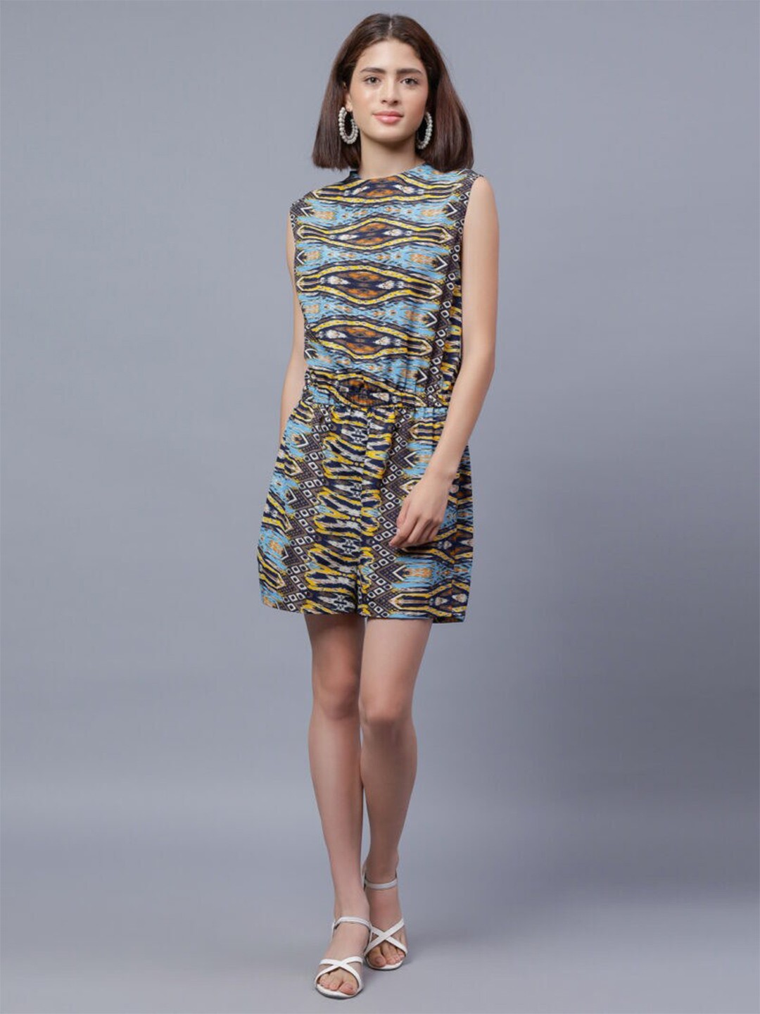 

ENTELLUS Tribal Printed Round Neck Sleeveless Gathered Playsuit, Multi