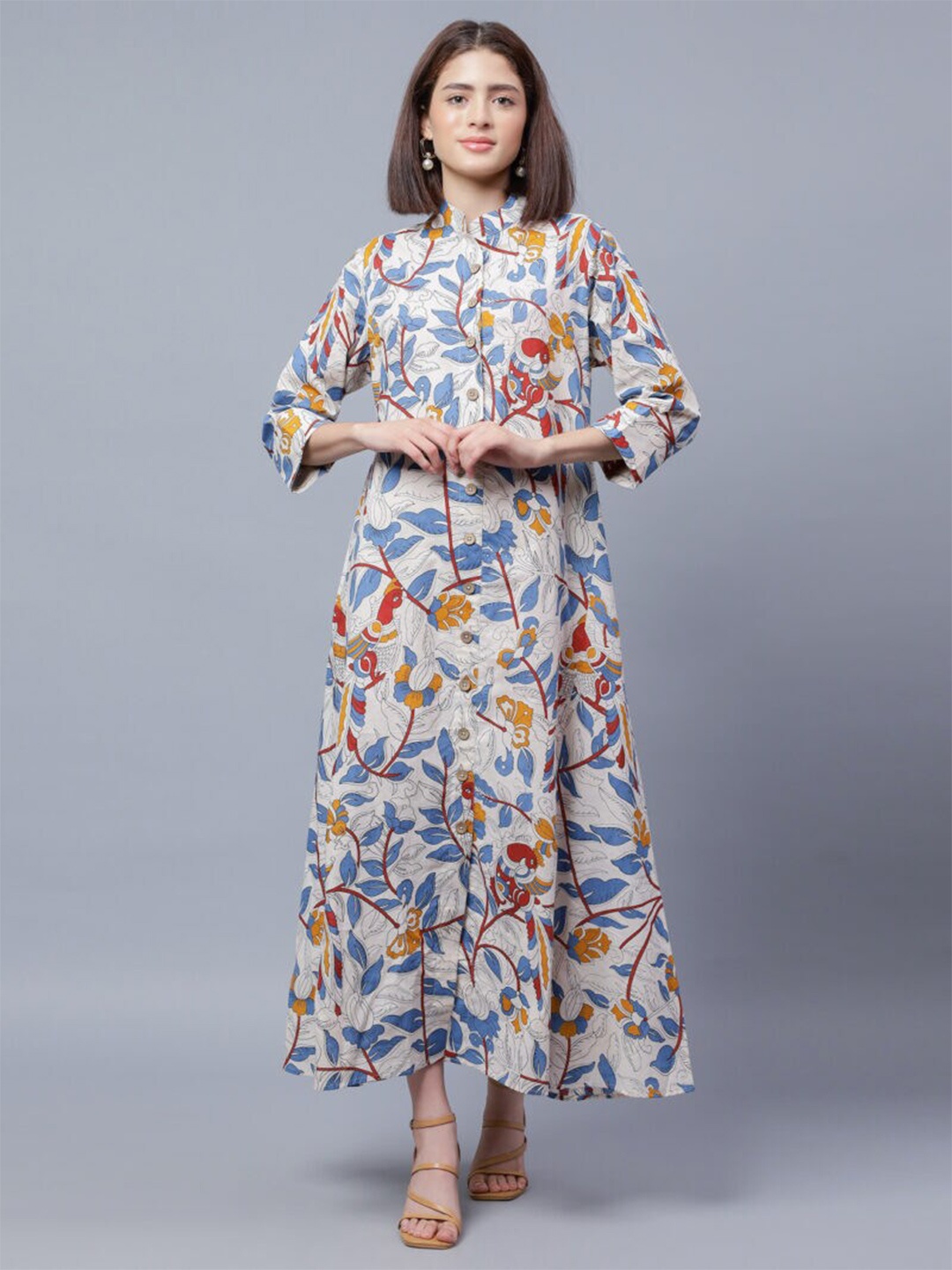 

ENTELLUS Ethnic Printed Mandarin Collar A-Line Midi Cotton Dress, White