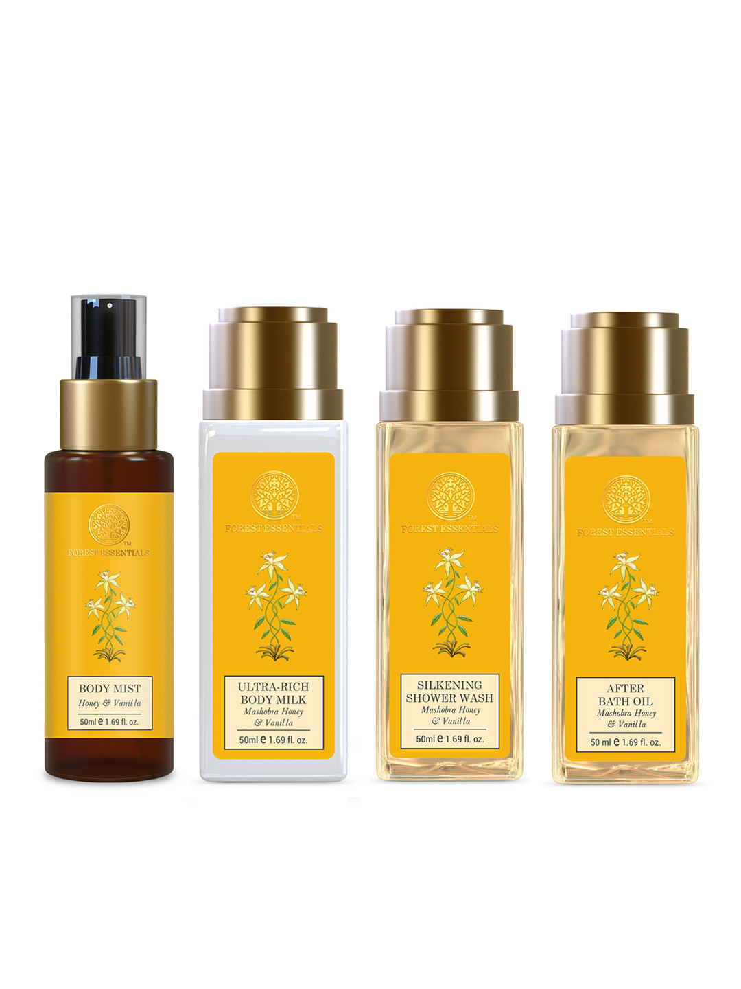 

Forest Essentials Set of Body Milk + Hydrating Body Mist + Body Wash + After Bath Oil, Mustard