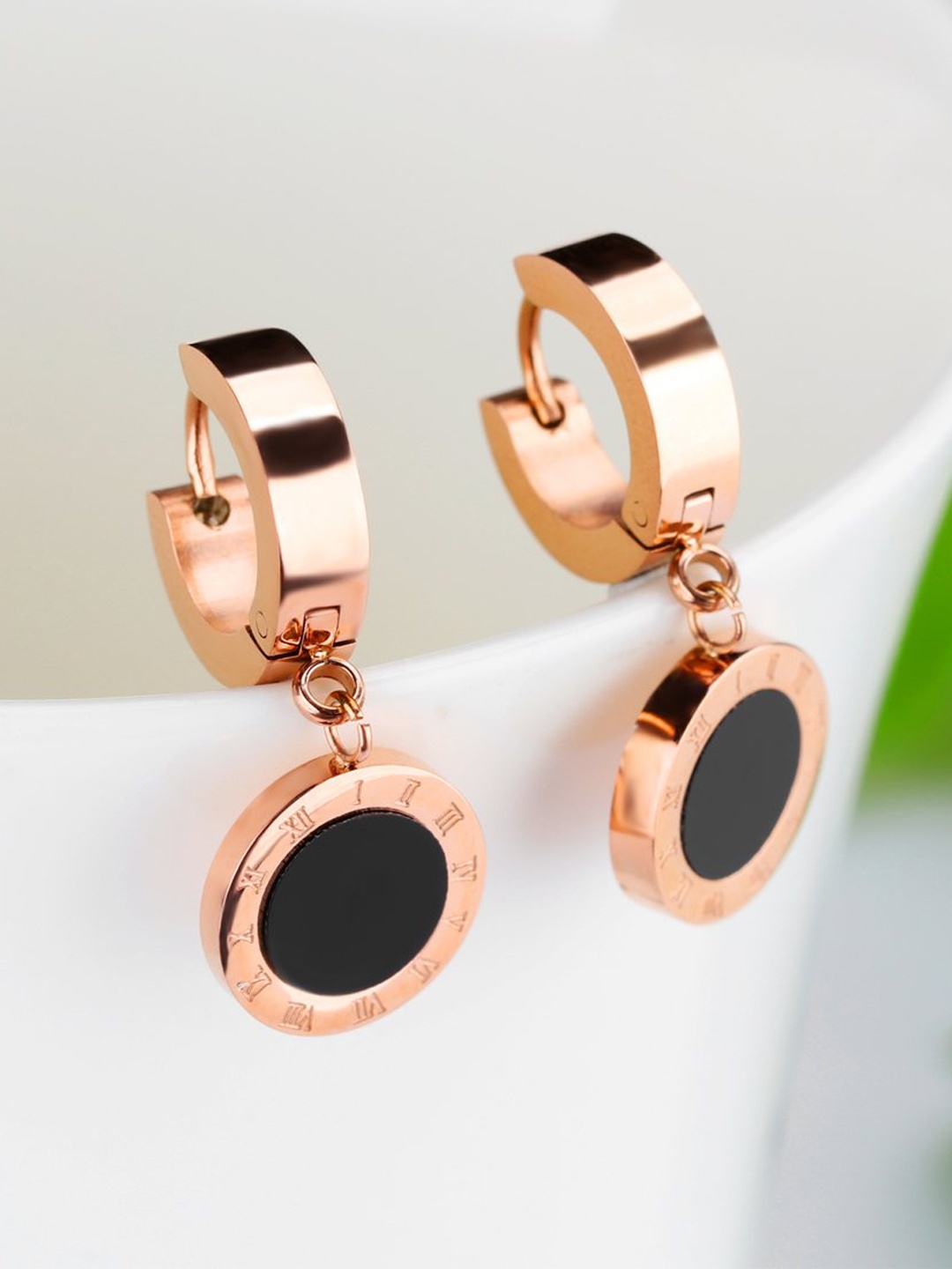 

Yellow Chimes Black Rose Gold-Plated Stainless Steel Circular Drop Earrings