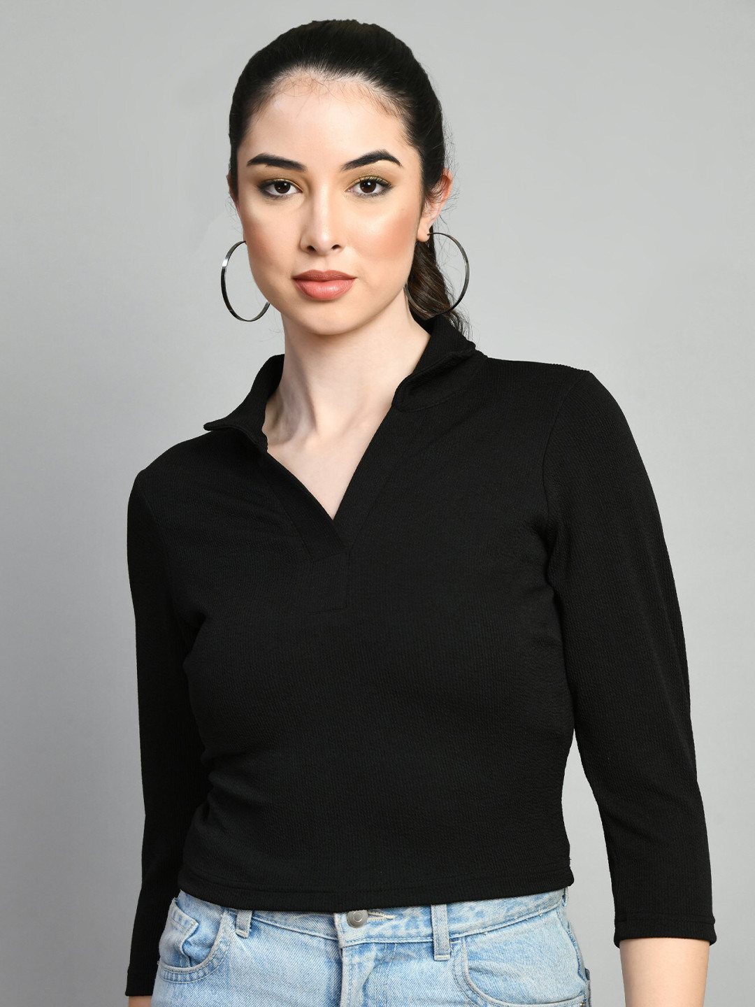 

Moshe Shirt Collar Three-Quarter Sleeves Top, Black