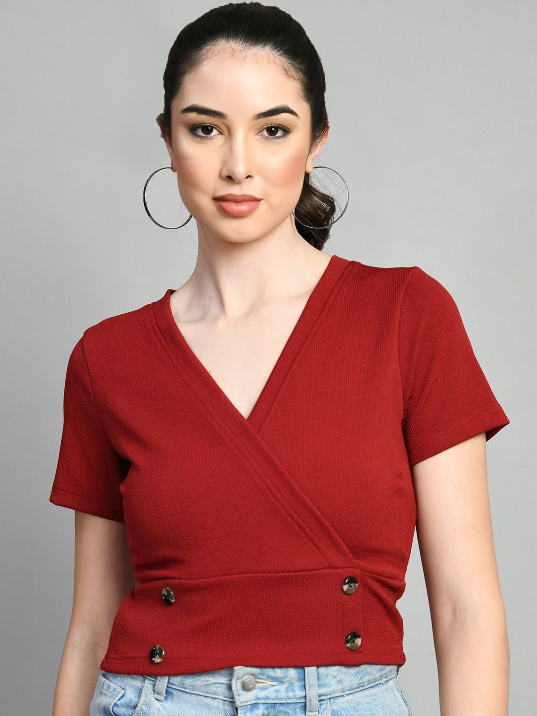 

Moshe V-Neck Short Sleeves Wrap Top, Maroon