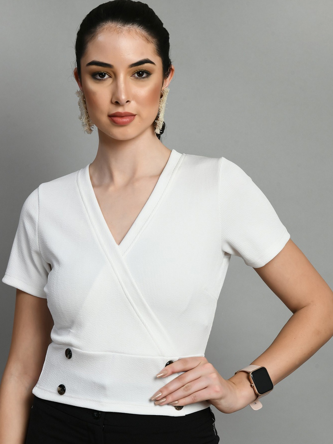 

Moshe V-Neck Short Sleeves Wrap Top, White