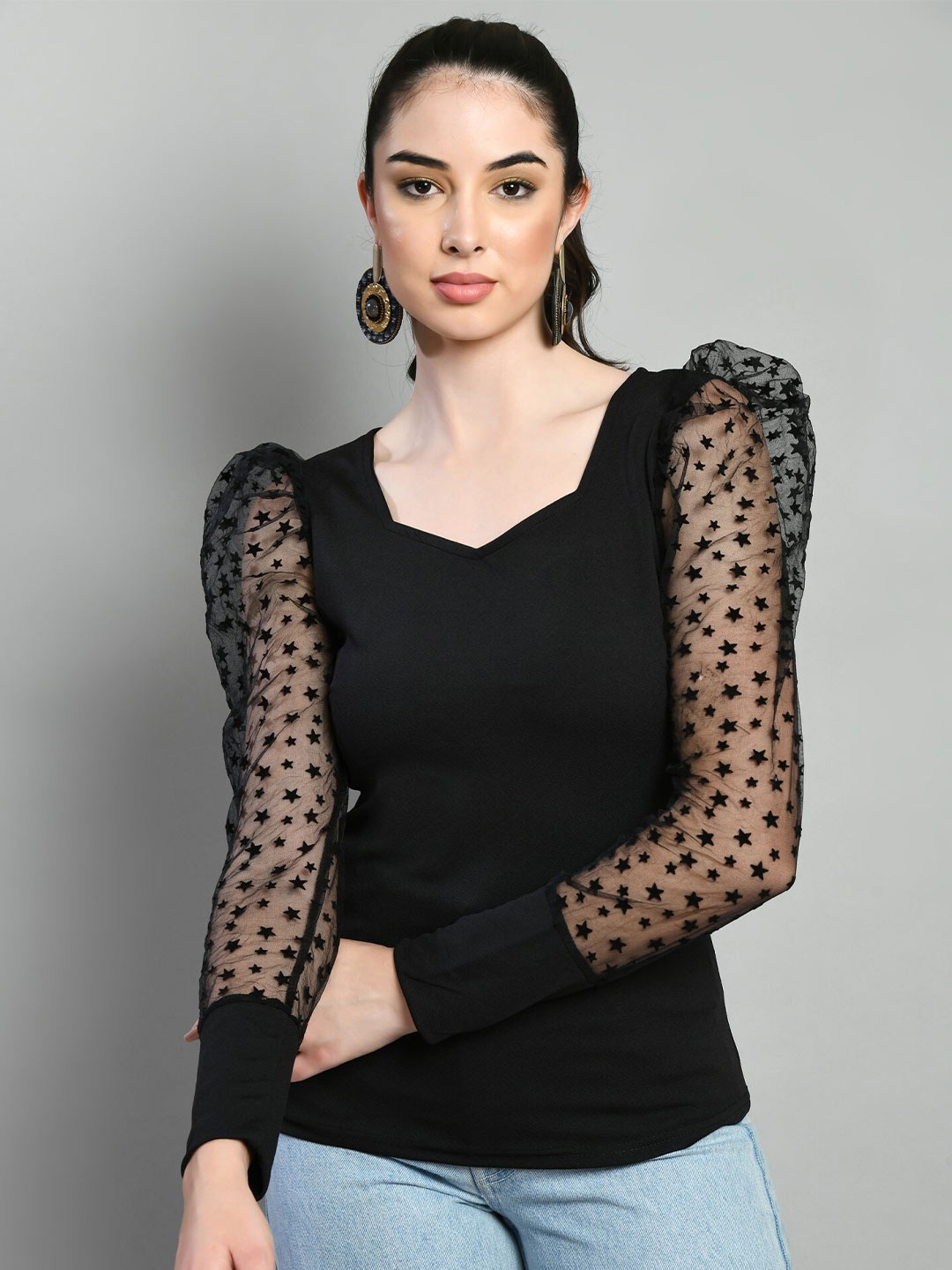 

Moshe Sweetheart Neck Puff Sleeves Top, Black