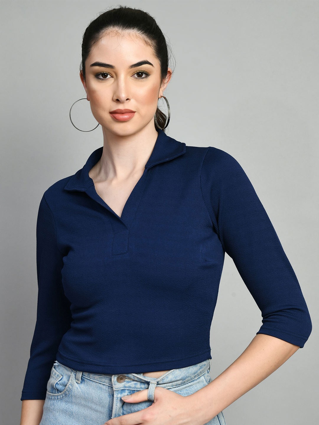 

Moshe Shirt Collar Three-Quarter Sleeves Top, Blue