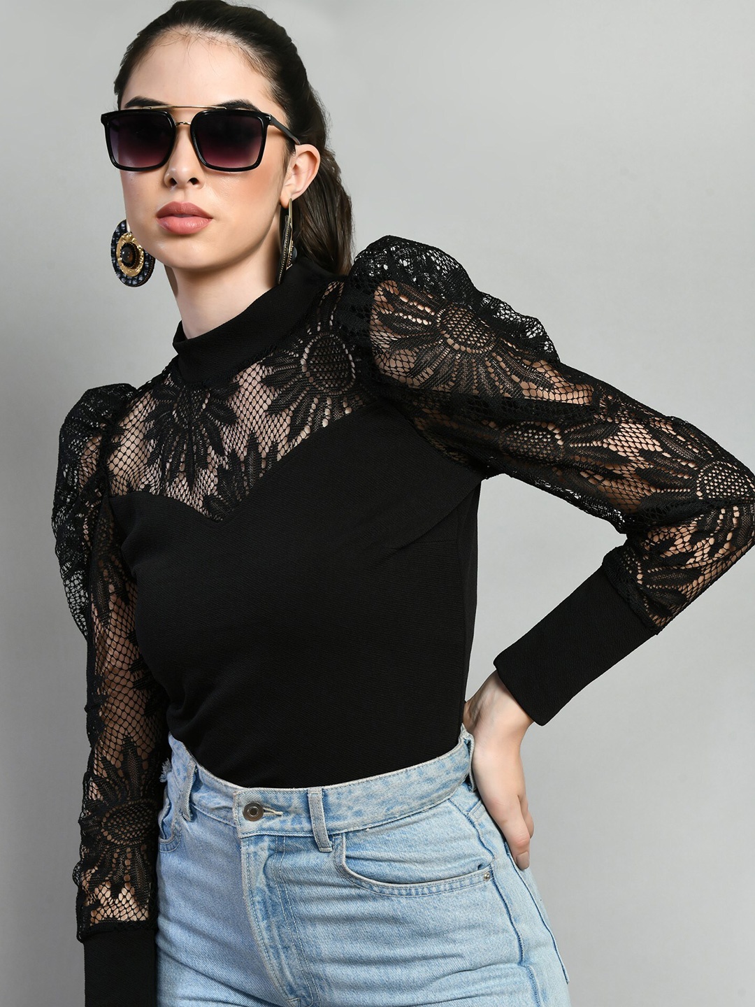 

Moshe Floral Self Design High Neck Puff Sleeves Top, Black