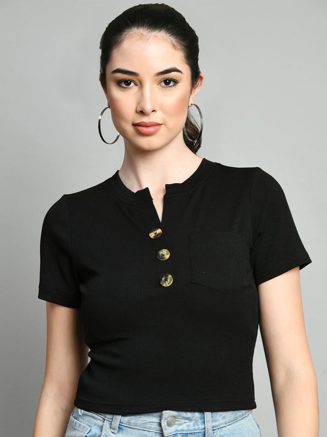 

Moshe Self Design Round Neck Top, Black