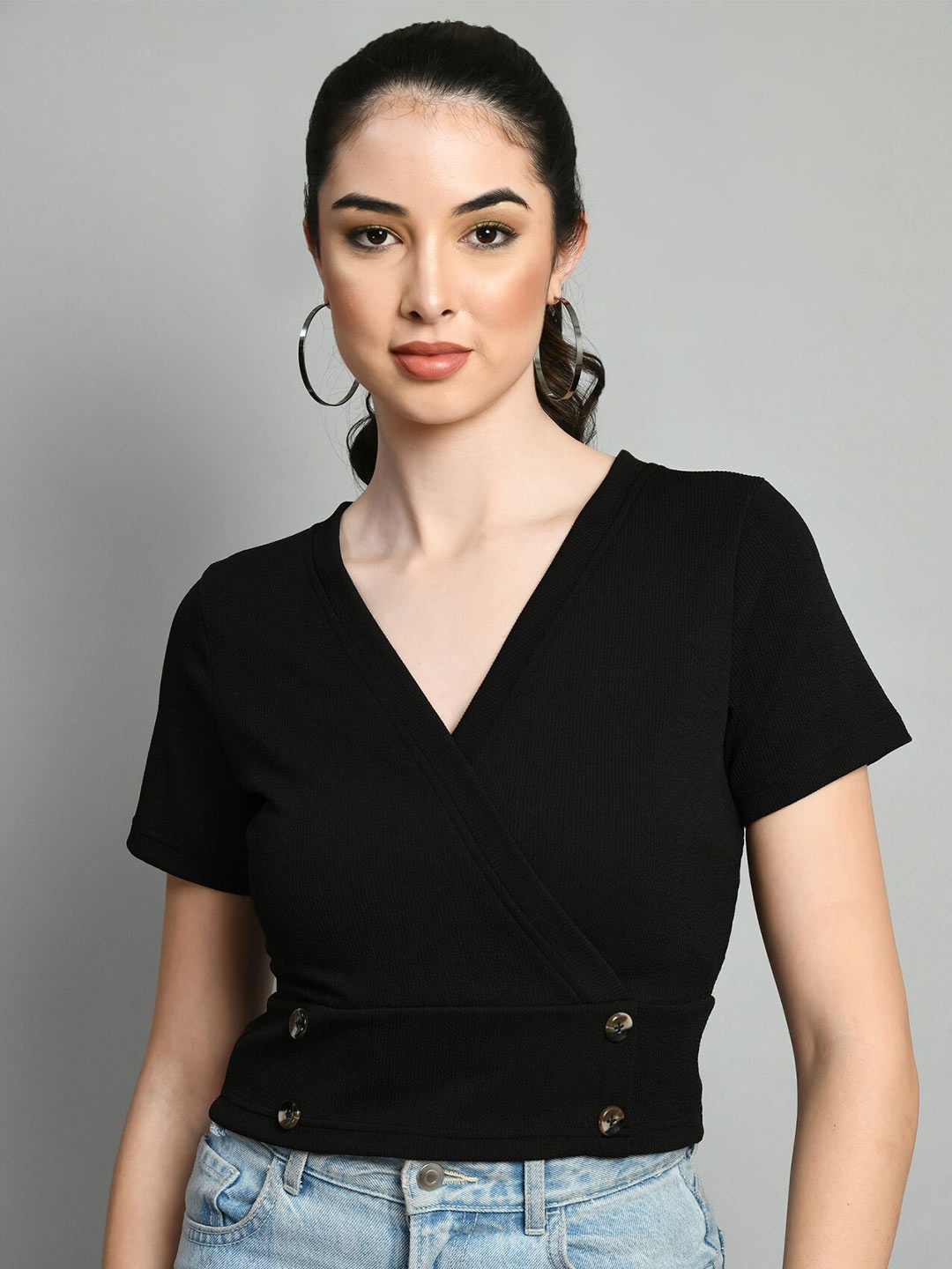 

Moshe V-Neck Short Sleeves Wrap Top, Black