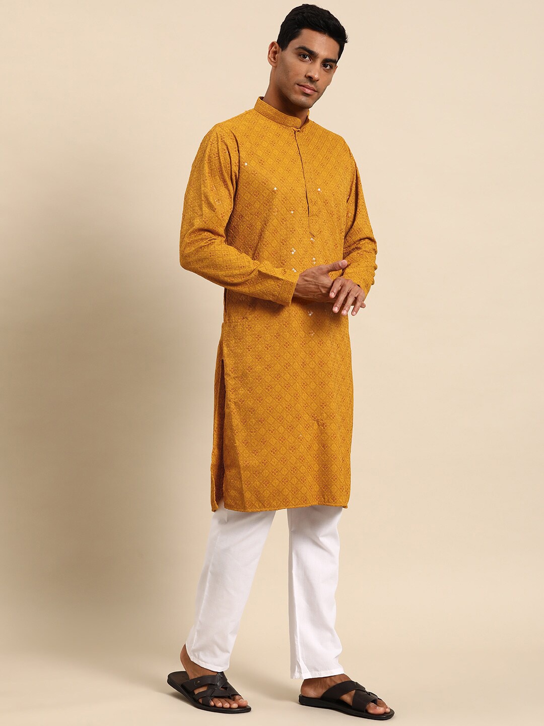 

MANQ Geometric Embroidered Mandarin Collar Sequin Straight Kurta, Yellow