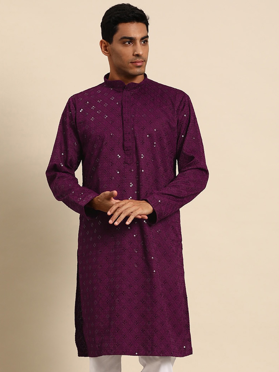 

MANQ Geometric Embroidered Mandarin Collar Sequin Straight Kurta, Burgundy