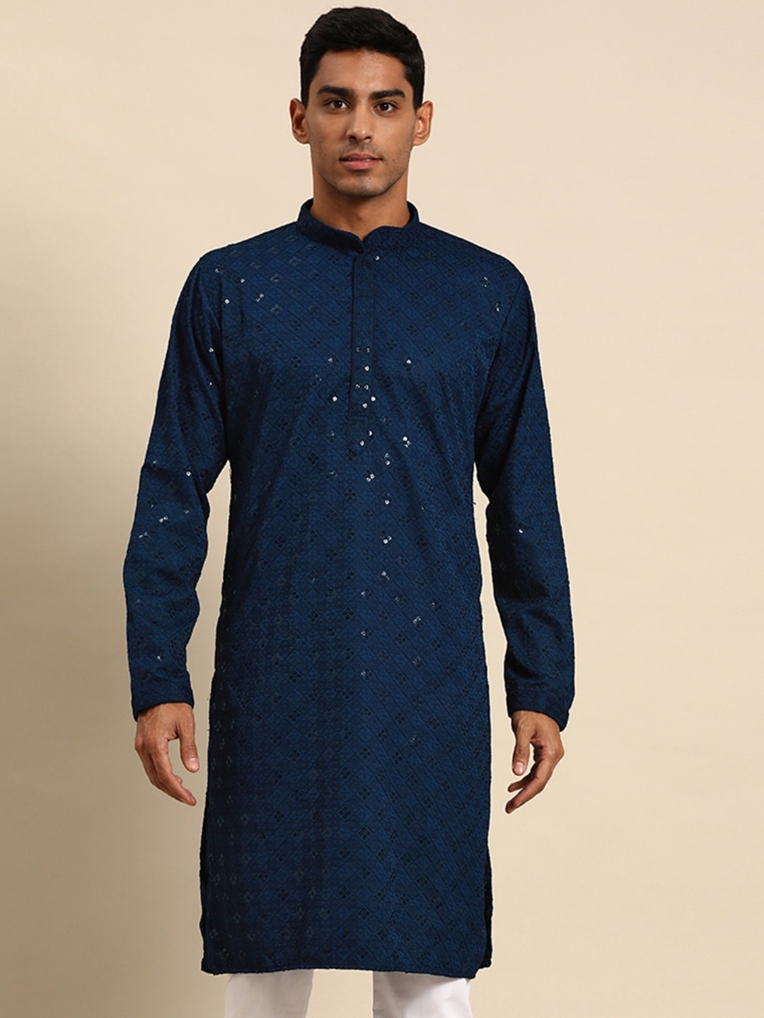 

MANQ Geometric Embroidered Mandarin Collar Sequin Straight Kurta, Teal