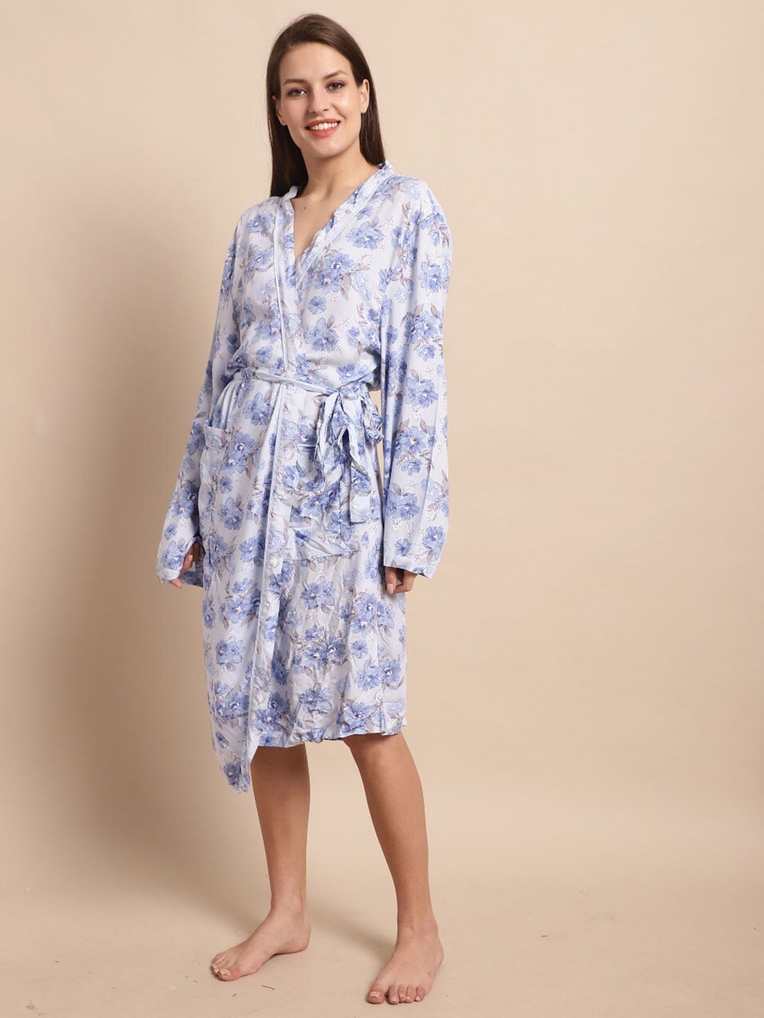 

NoBarr Floral Printed Pure Cotton Bath Robe, Blue