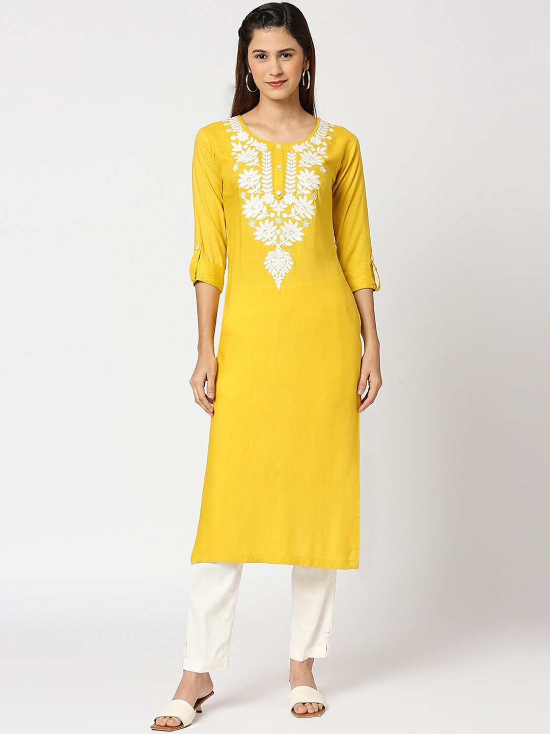 

INDYES Floral Yoke Design Thread Work Kurta, Yellow