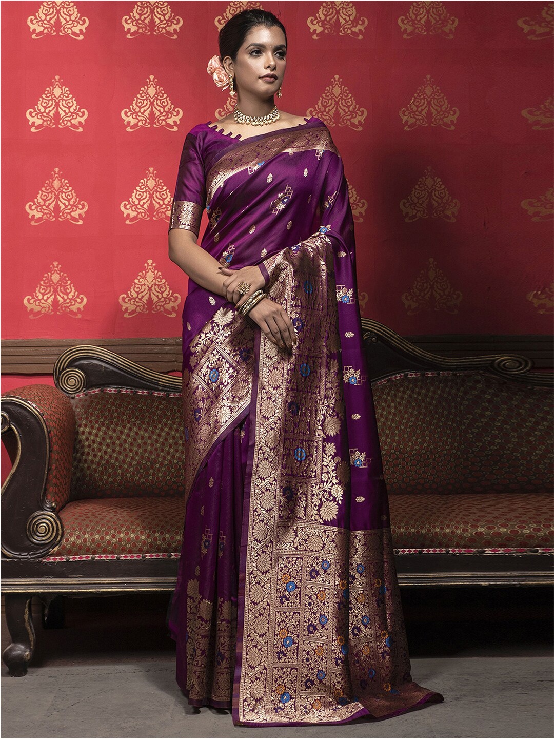 

Satrani Ethnic Motifs Woven Design Zari Banarasi Saree, Magenta