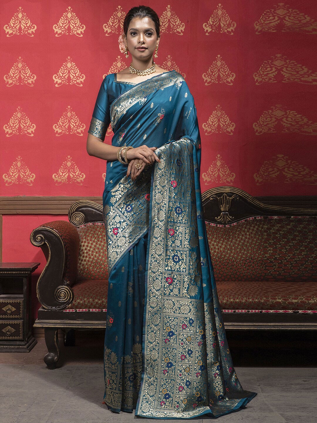 

Satrani Ethnic Motifs Woven Design Zari Banarasi Saree, Blue