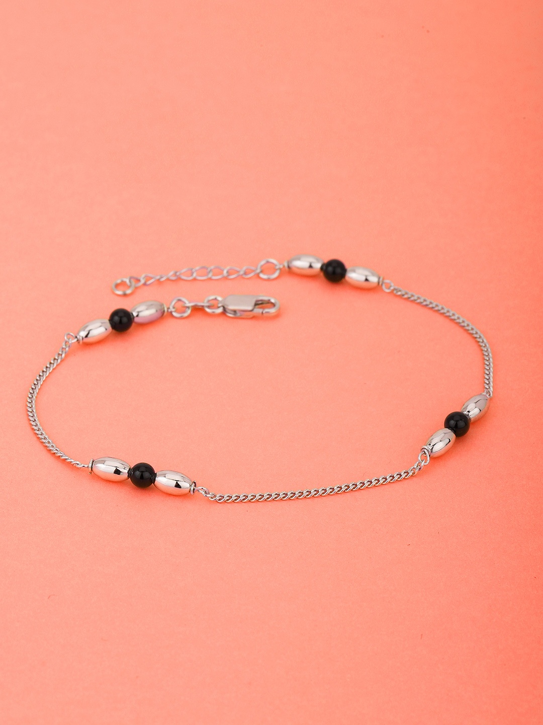 

VANBELLE Women Rhodium-Plated 925 Sterling Silver Onyx Anklet