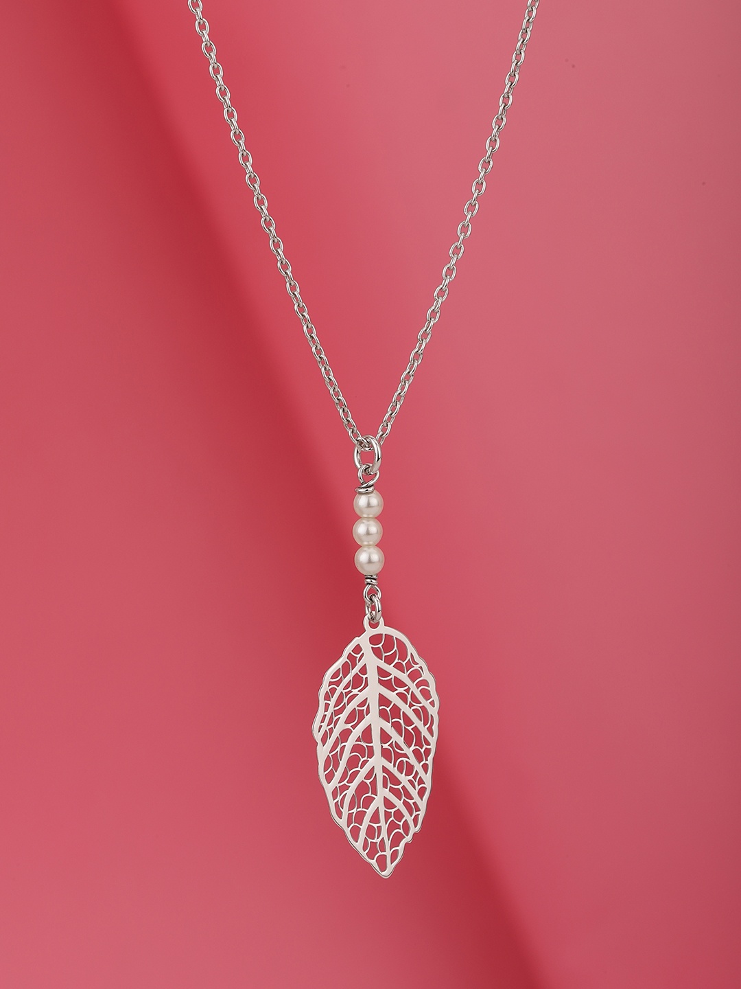 

VANBELLE Rhodium-Plated 925 Sterling Silver Dangling Leaf Pearl Pendant With Chain