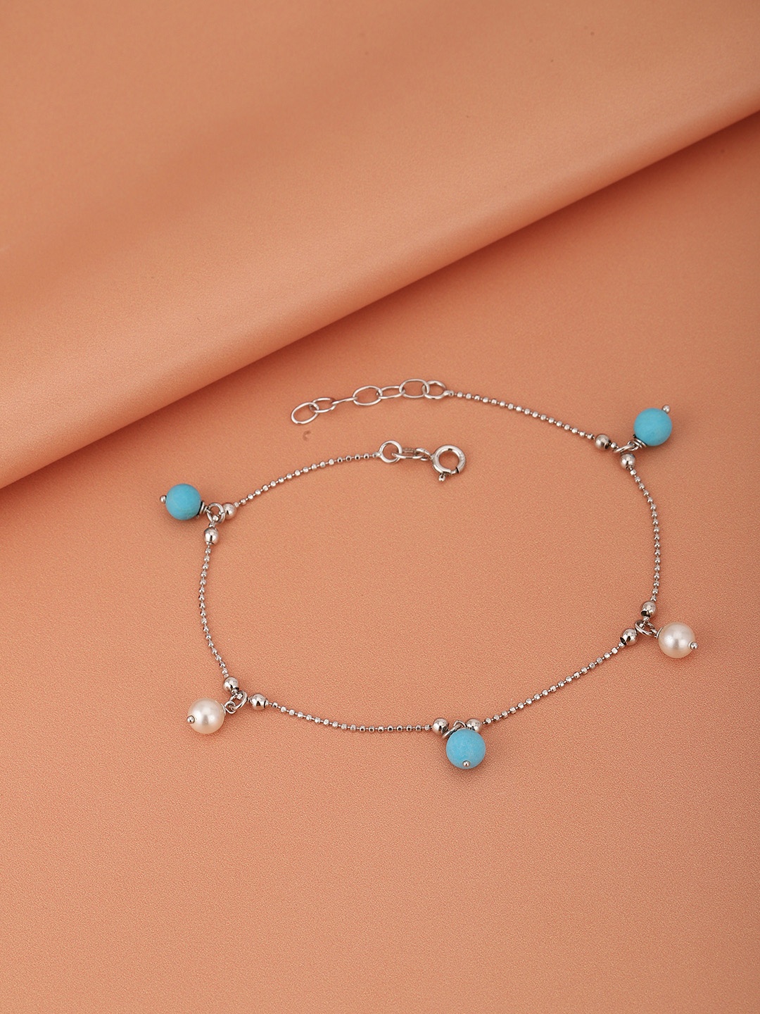 

VANBELLE Women Rhodium-Plated 925 Sterling Silver Pearl Anklet