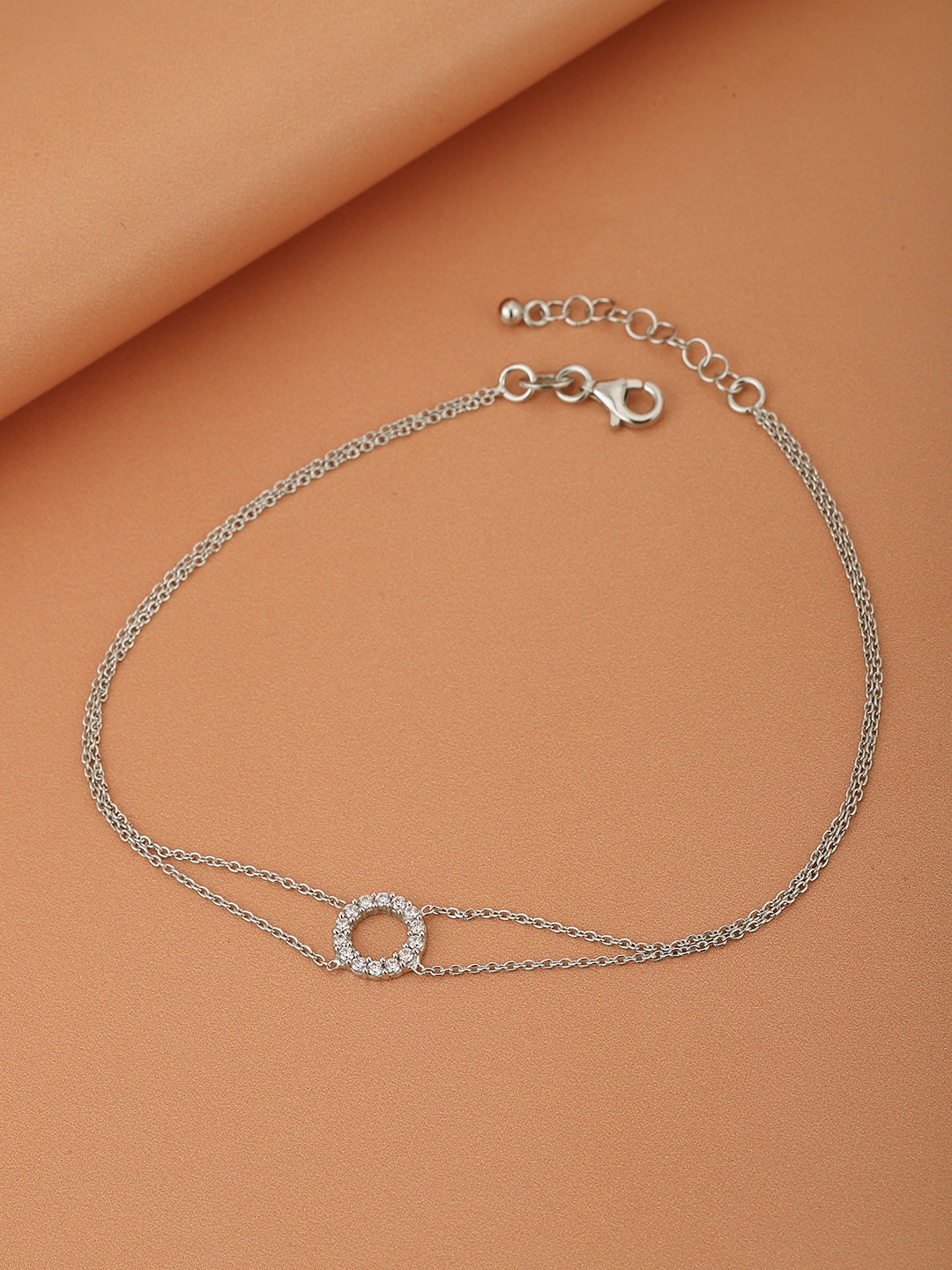 

VANBELLE Women Rhodium-Plated 925 Sterling Silver Zirconia Double Chain Anklet