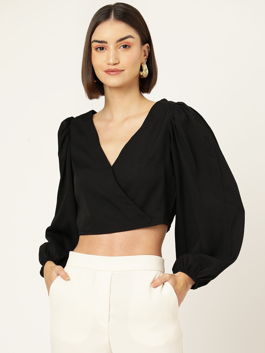 

Sleek Italia Puff Sleeve Crepe Wrap Crop Top, Black