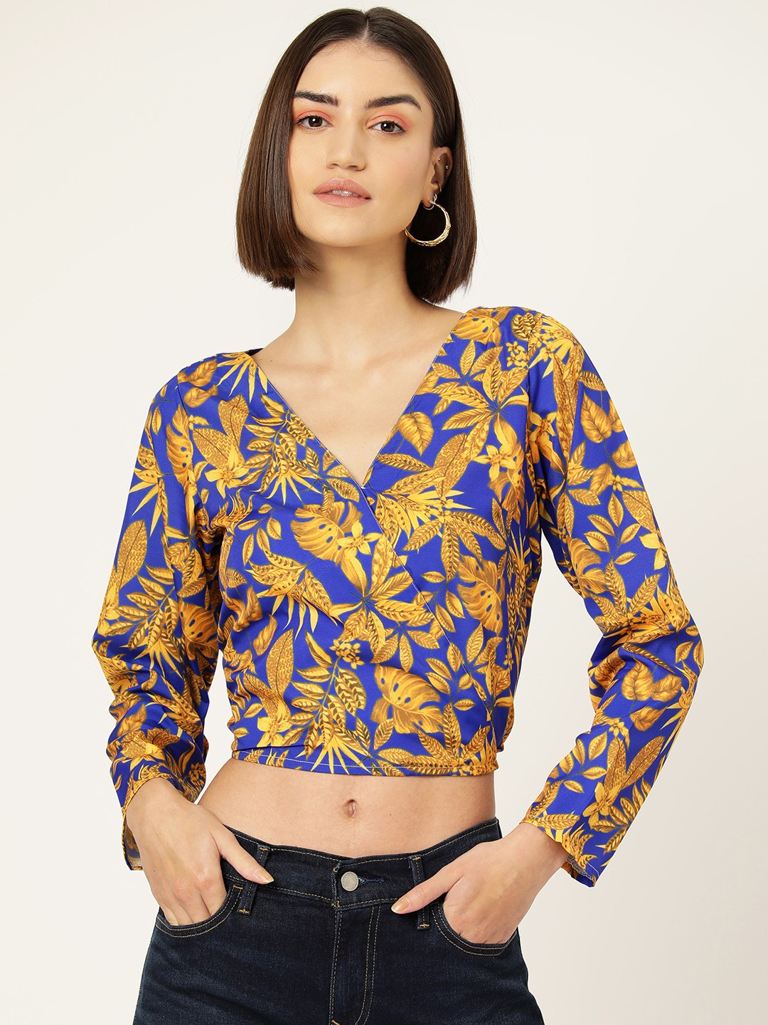 

Sleek Italia Floral Print Crepe Wrap Crop Top, Blue