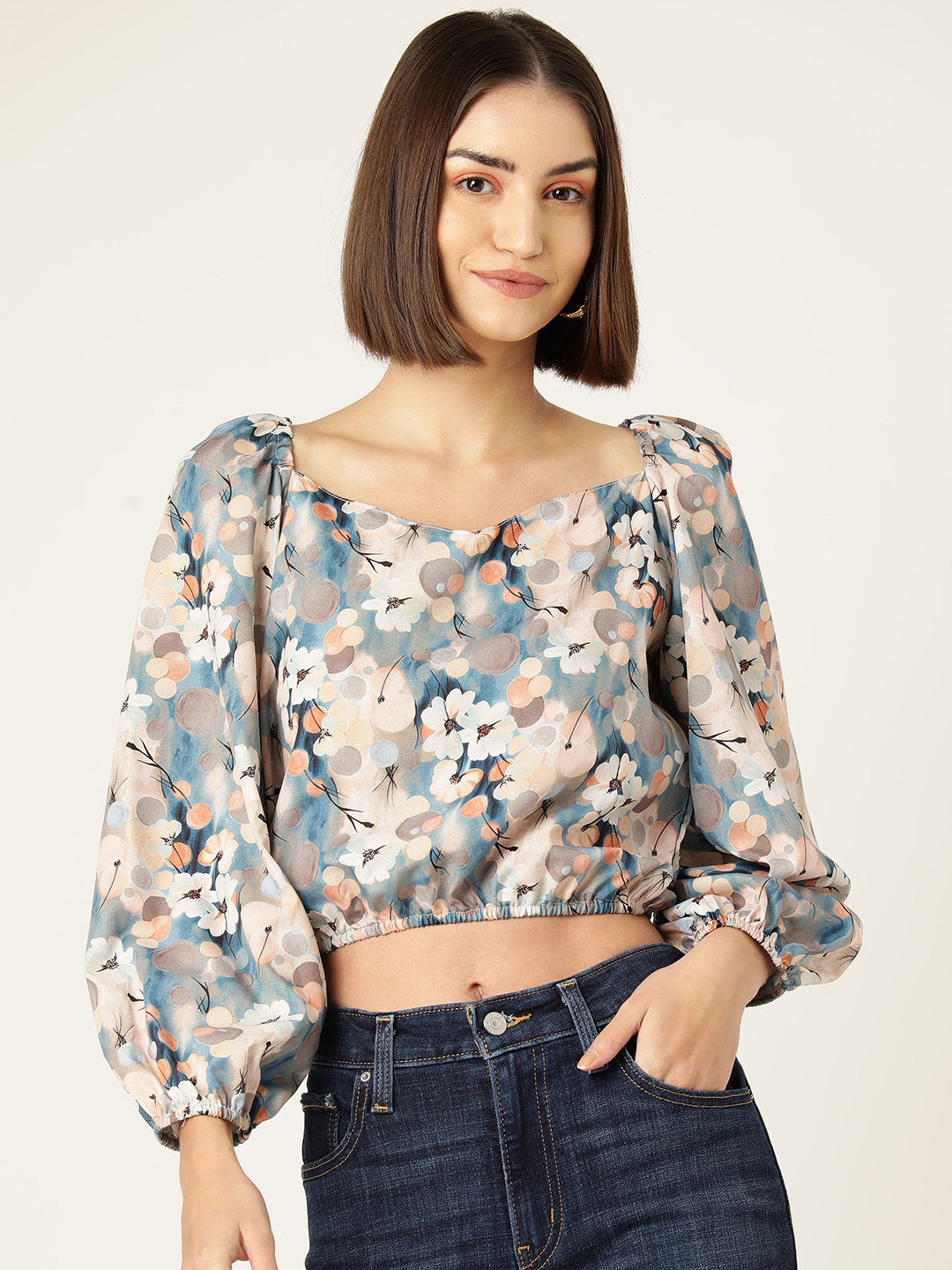 

Sleek Italia Floral Print Sweetheart Neck Puff Sleeves Crepe Crop Top, Beige