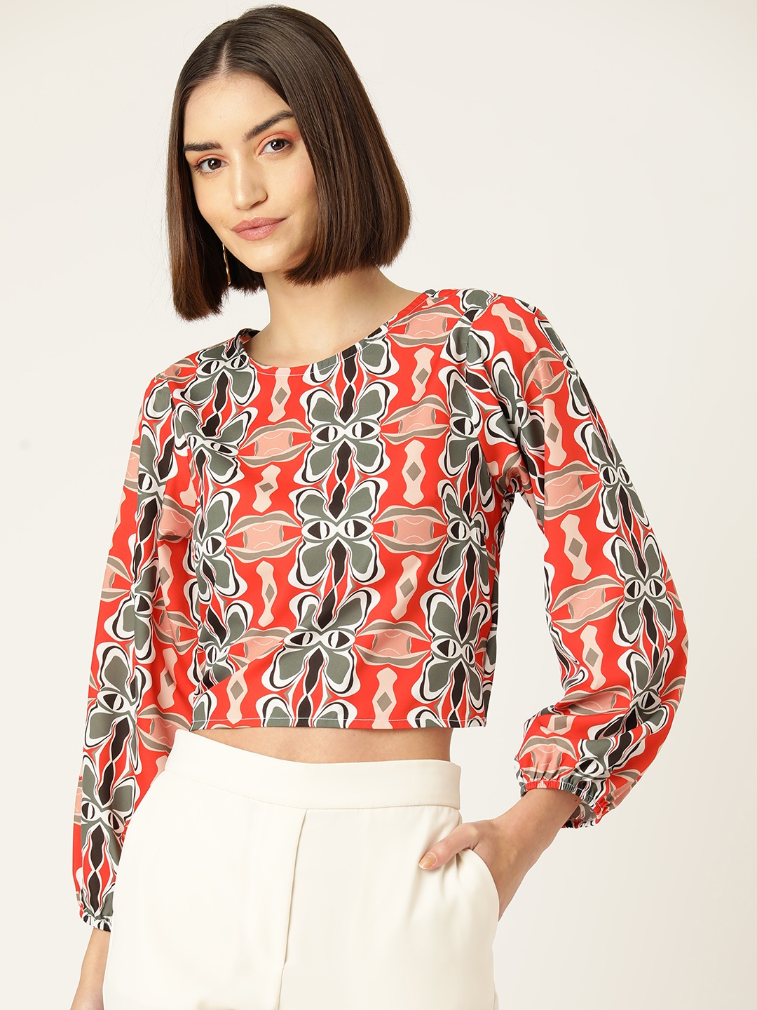 

Sleek Italia Print Puff Sleeves Crepe Crop Top, Orange