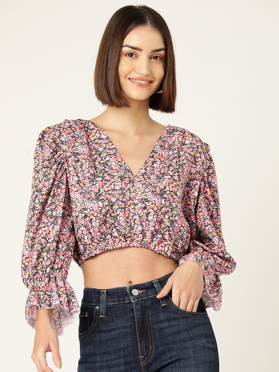 

Sleek Italia Floral Print Puff Sleeves Crepe Crop Top, Grey