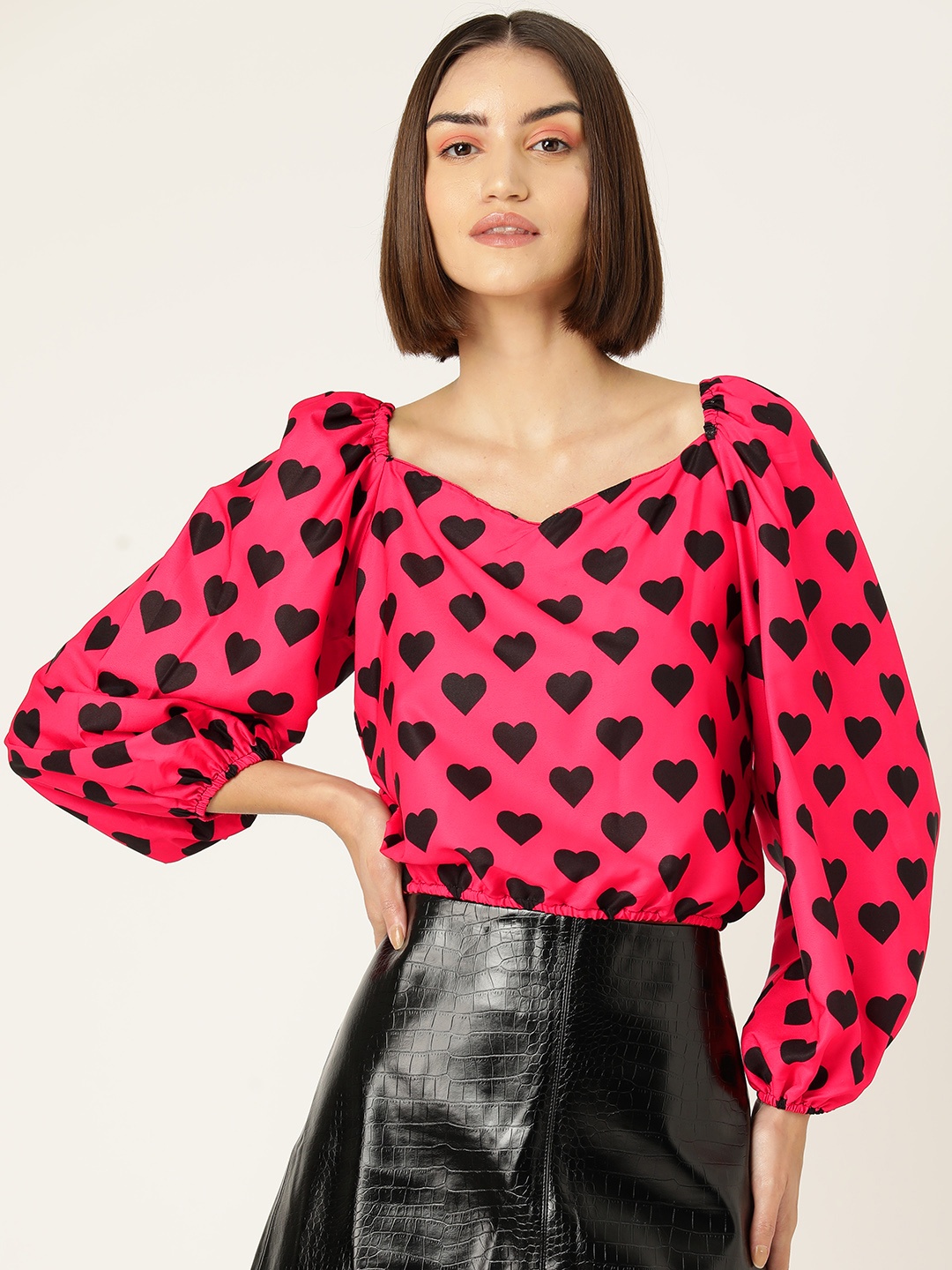 

Sleek Italia Print Sweetheart Neck Puff Sleeve Crepe Top, Pink