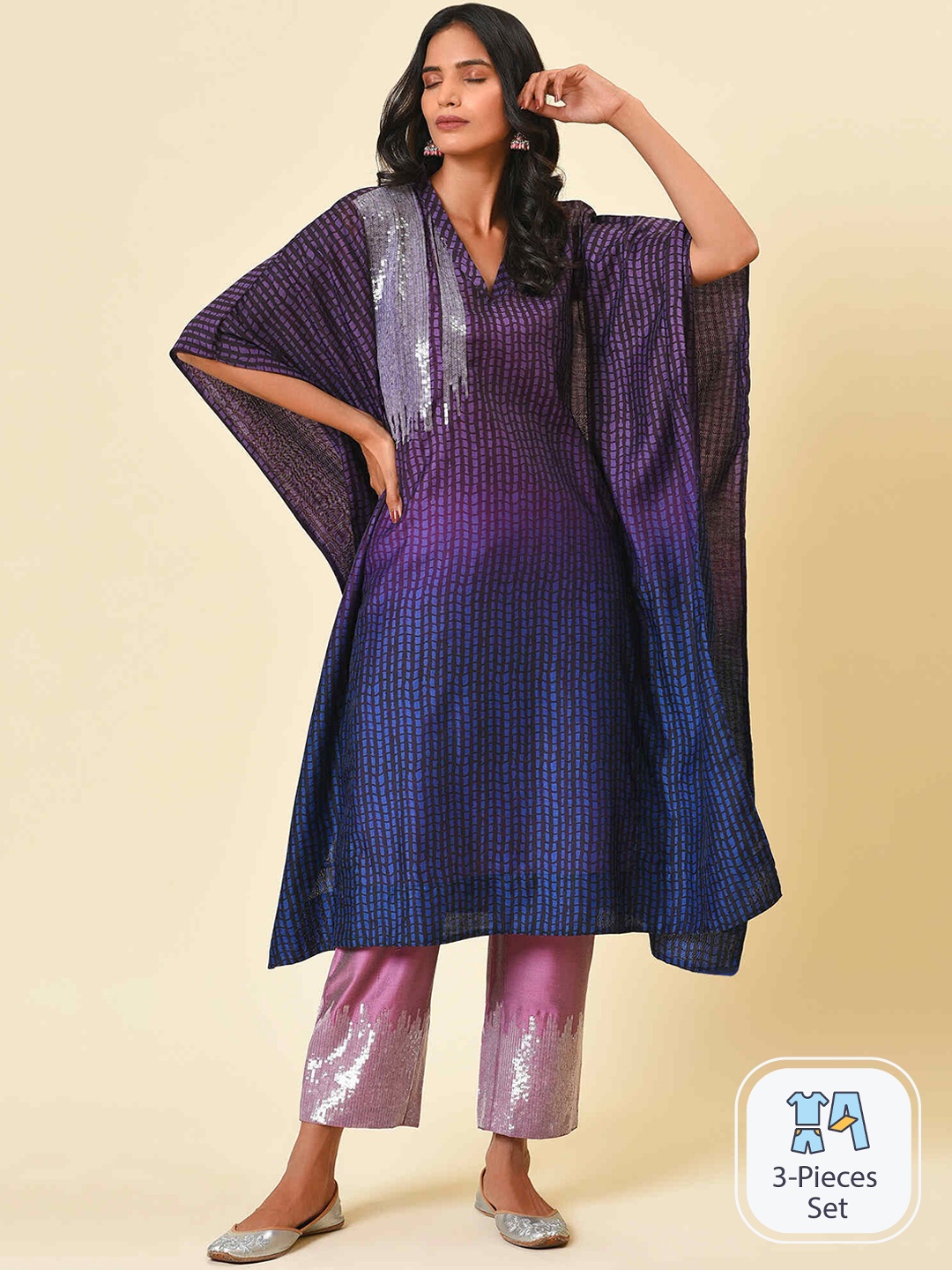 

NUHH Checked Sequinned Chanderi Silk Kurta & Trousers With Camisole, Purple