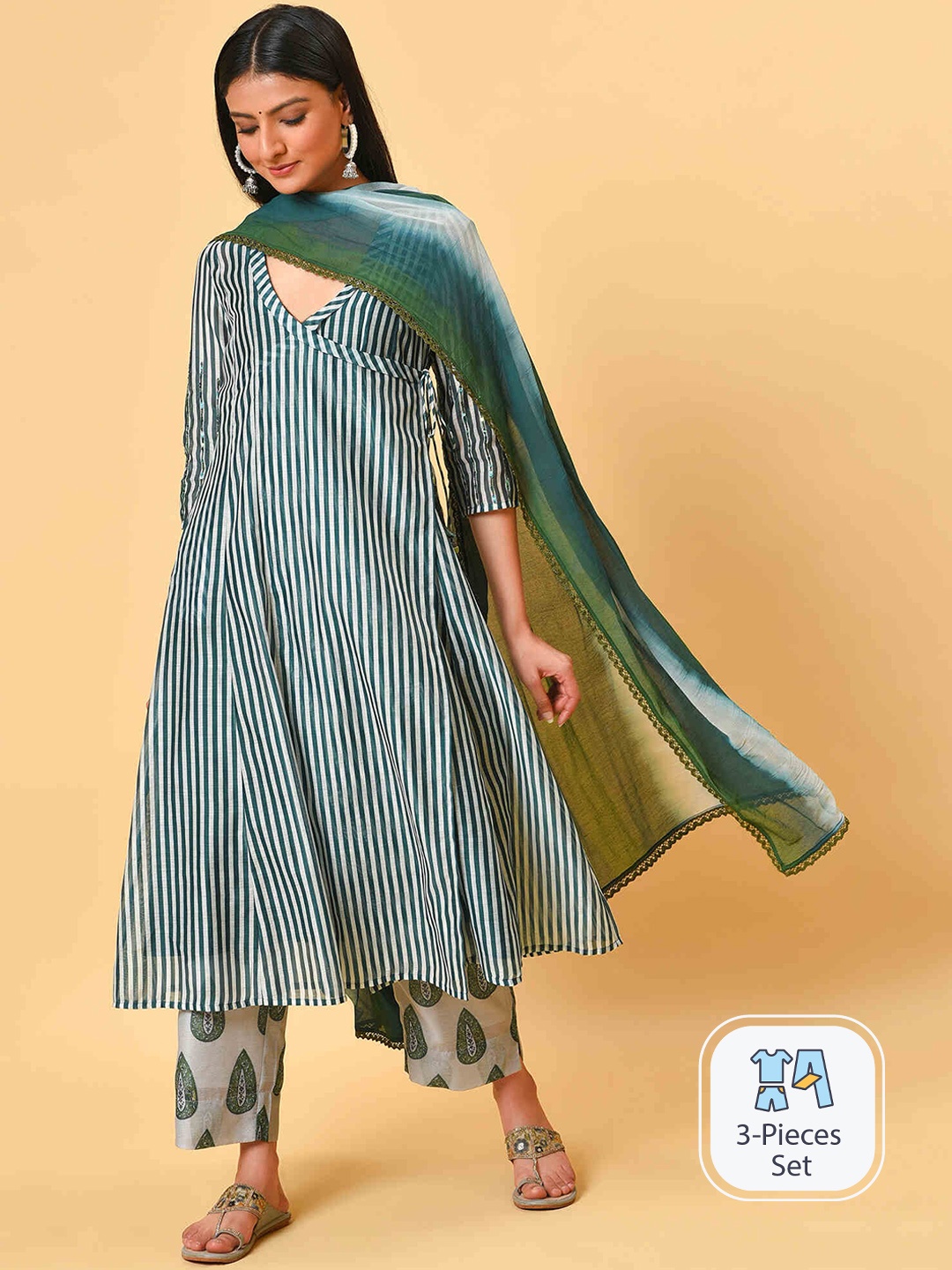 

NUHH Striped A-Line Kurta Set With Camisole, Green