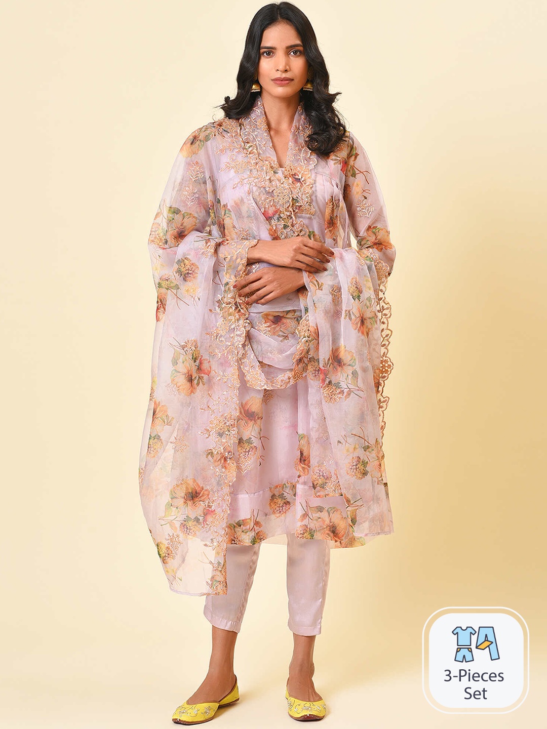 

NUHH Floral Printed V-Neck Thread Work Detail Kurta & Trousers With Dupatta, Pink