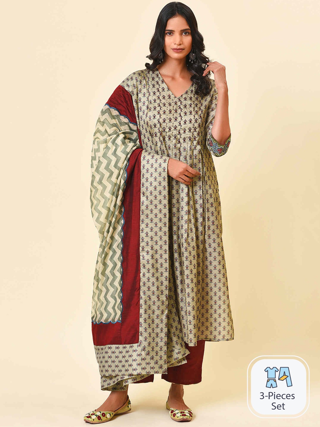 

NUHH Ethnic Motifs Printed Chanderi Silk Kurta & Trousers With Dupatta, Olive