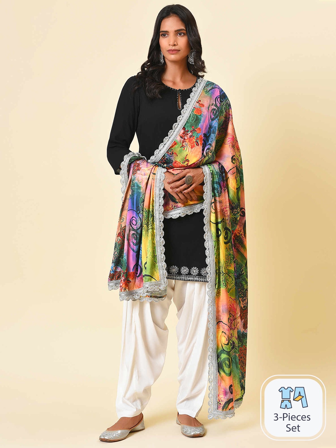 

NUHH Floral Self Design Kurta & Salwar With Dupatta, Black