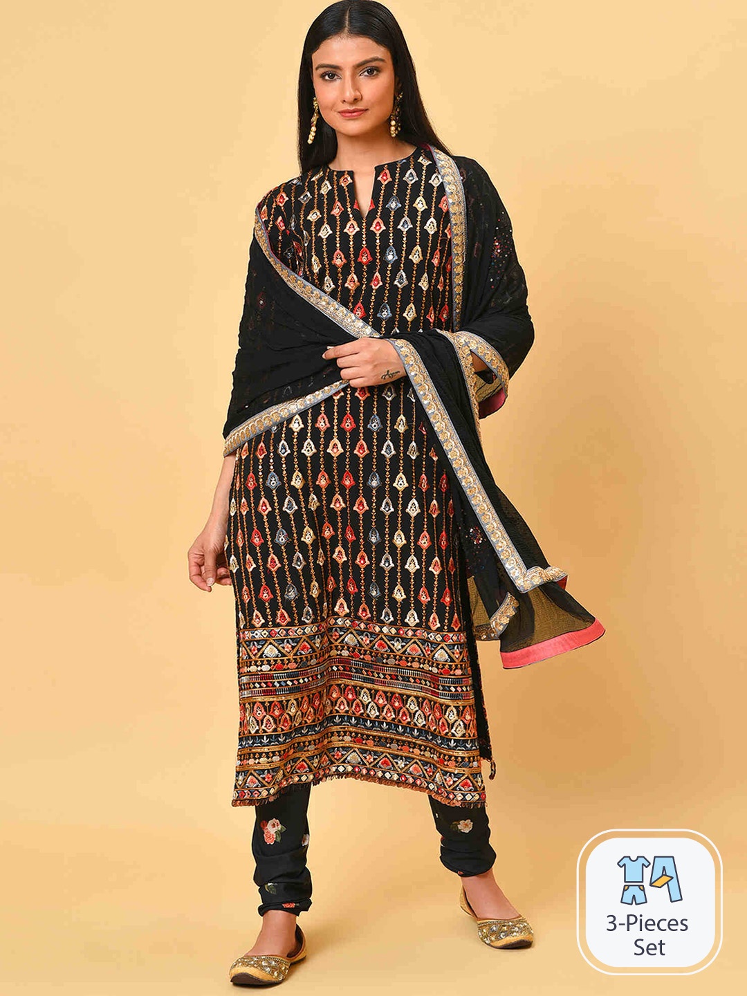 

NUHH Floral Embroidered Kurta & Churidar With Dupatta, Black
