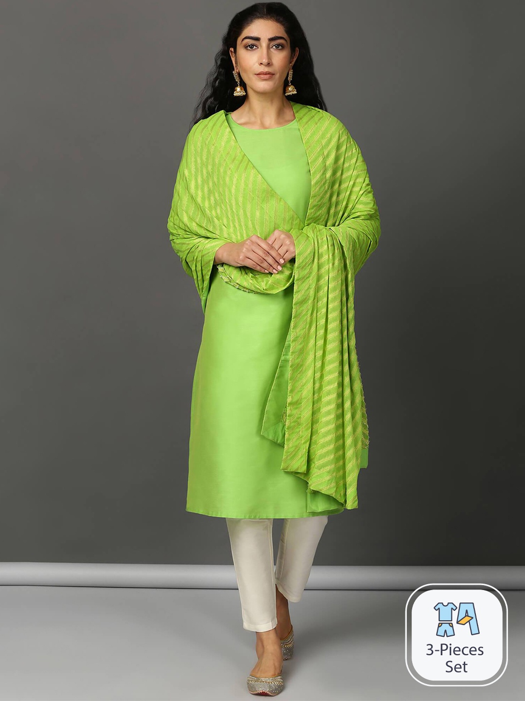 

NUHH Straight Kurta & Trousers With Dupatta, Lime green