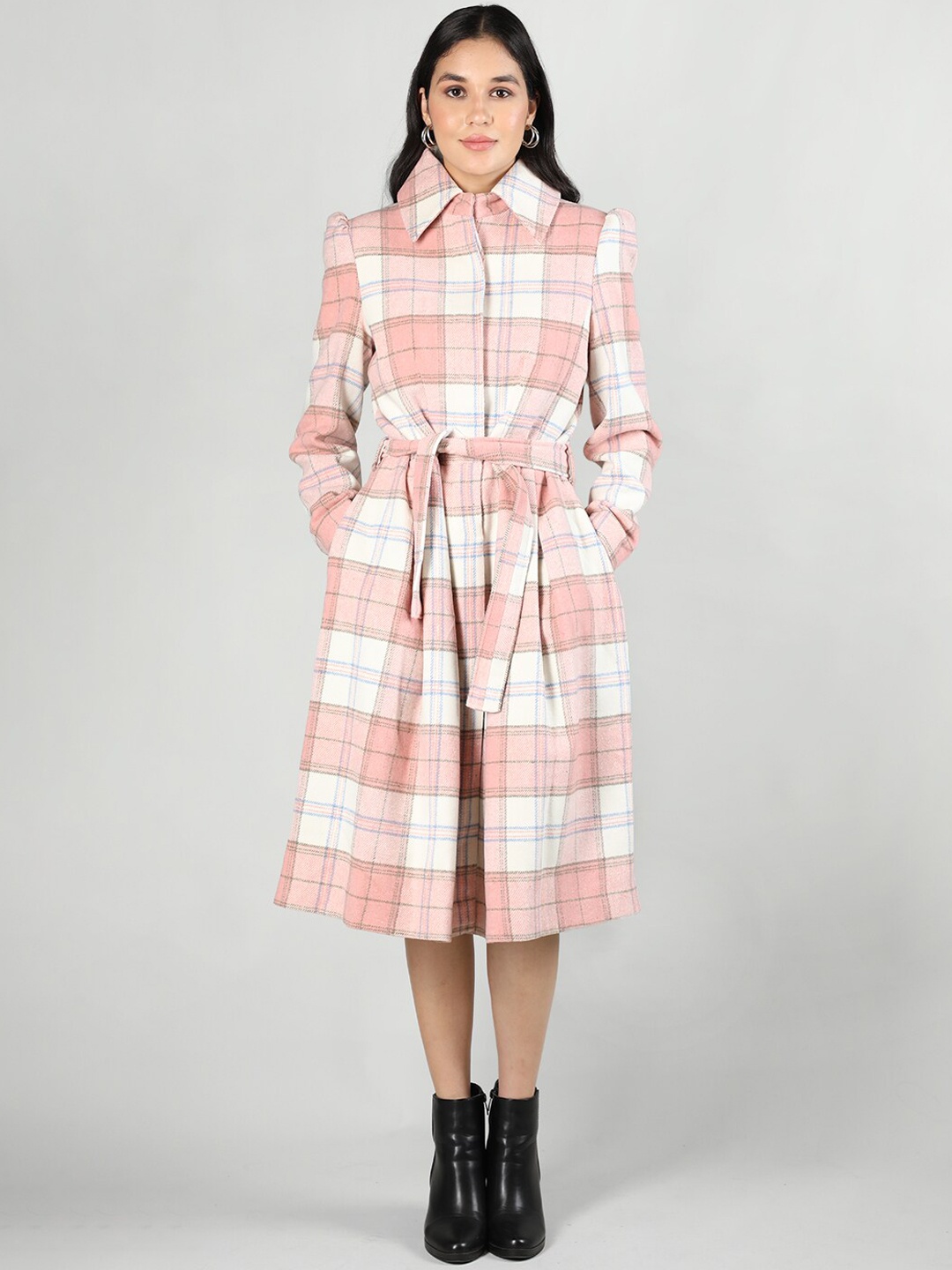 

CHKOKKO Checked Single Breasted Regular Fit Spread Collar Overcoat, Pink