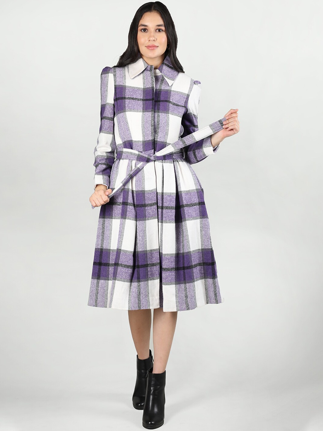 

CHKOKKO Checked Spread Collar Long Sleeve Belted Longline Trench Coat, Purple
