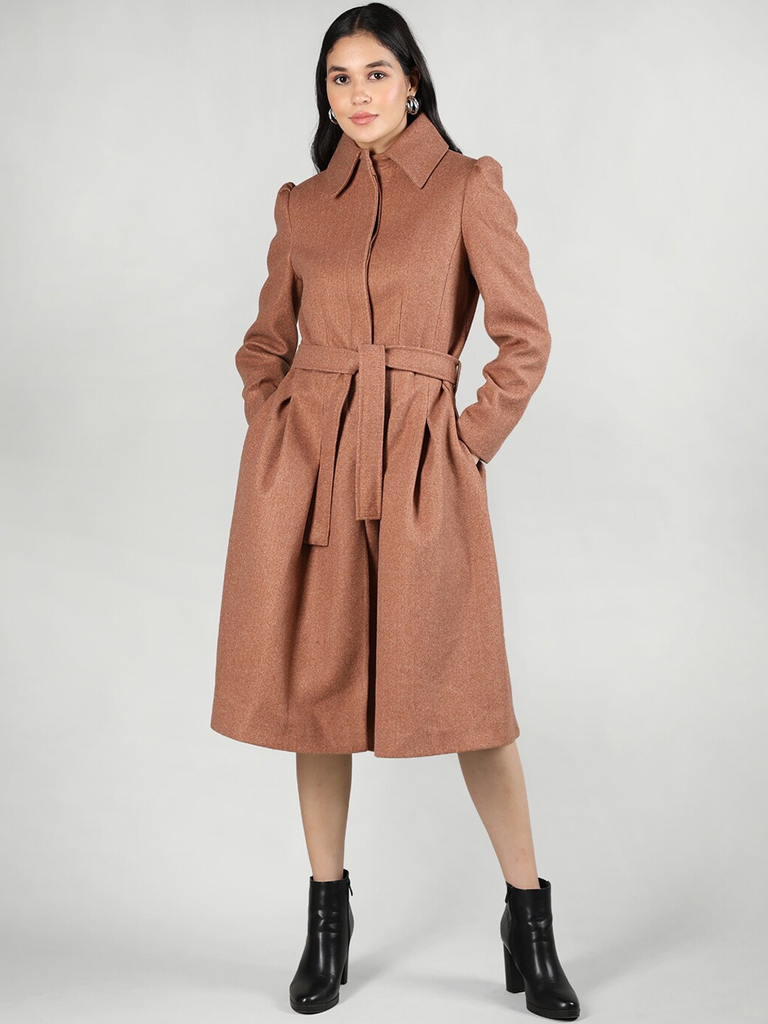 

CHKOKKO Spread Collar Long Sleeve Belted Longline Trench Coat, Brown