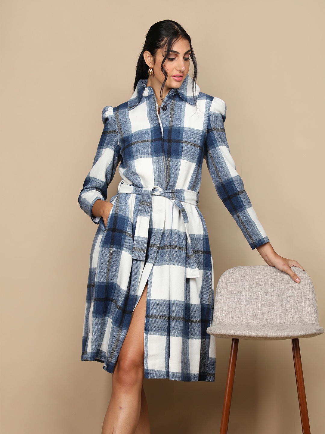 

CHKOKKO Checked Spread Collar Long Sleeves Longline Over Coat, Blue