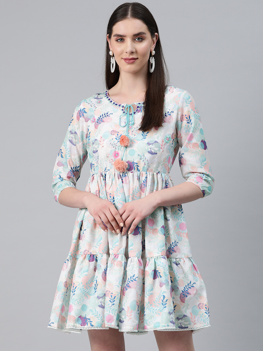 

Readiprint Fashions Floral Print Tie-Up Neck Fit & Flare Tiered Mini Dress, Multi