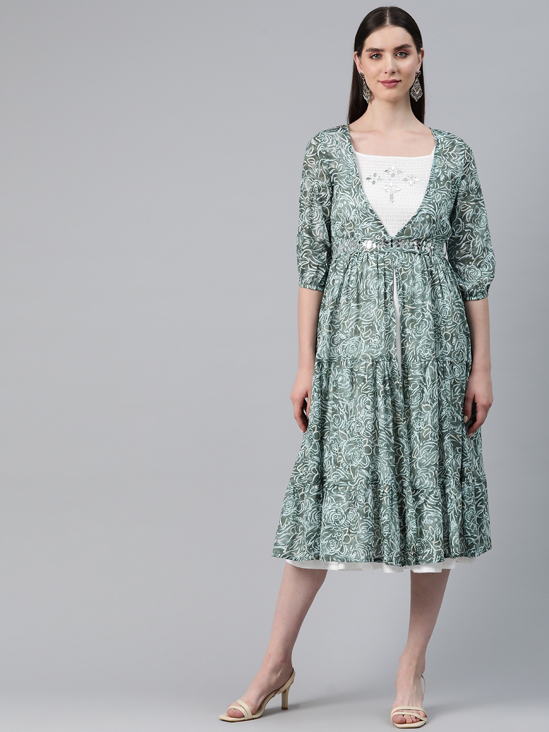

Readiprint Fashions Puff Sleeves A-Line Tiered Midi Dress, Green