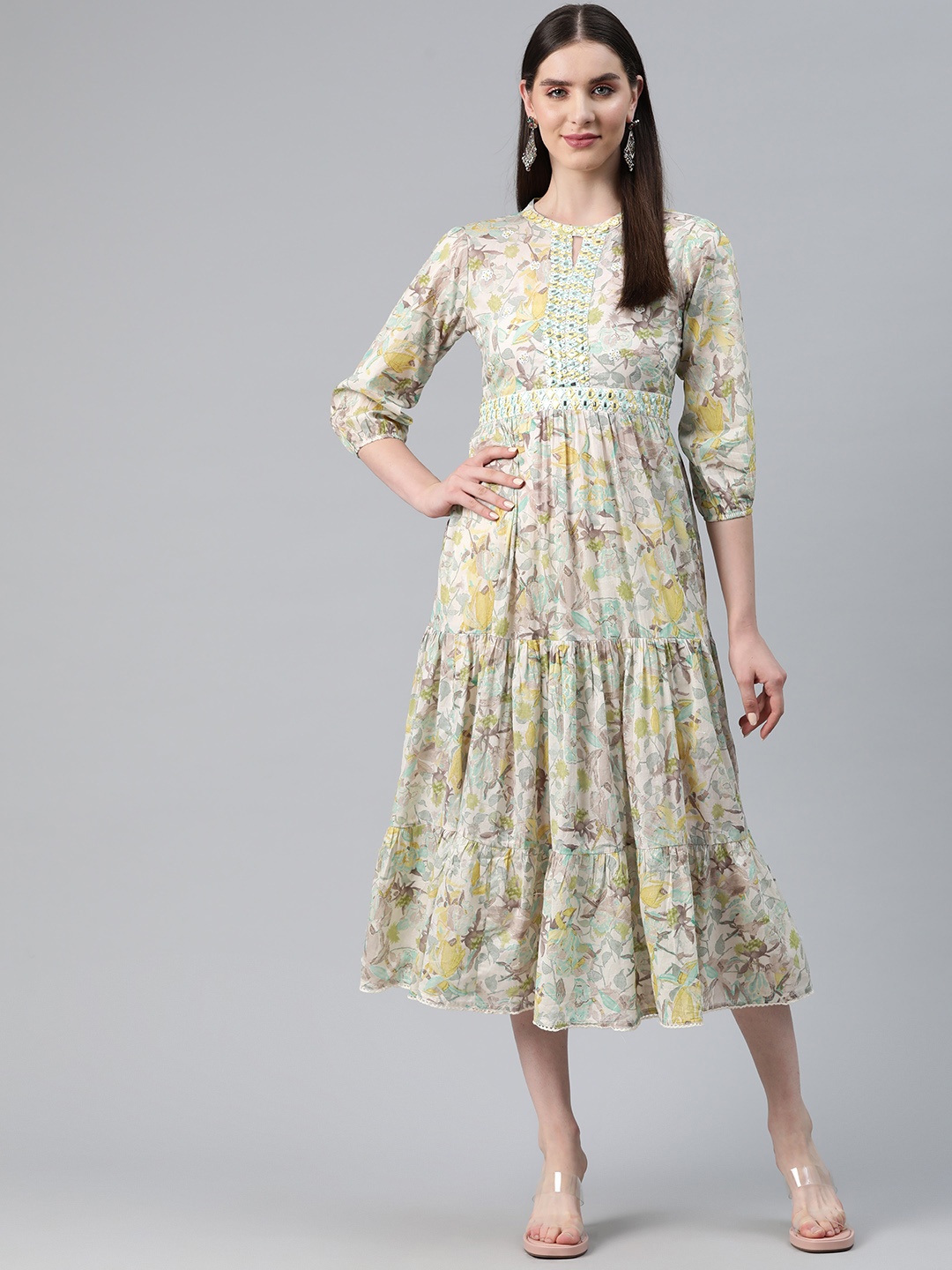 

Readiprint Fashions Floral Print Puff Sleeves Tiered Fit & Flare Midi Dress, Green