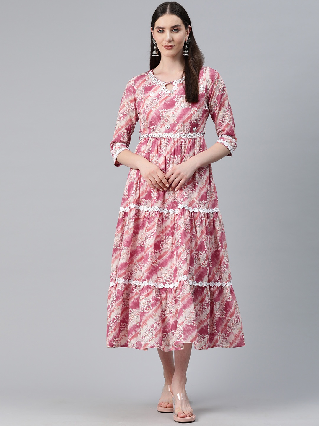 

Readiprint Fashions Floral Print Keyhole Neck Tiered A-Line Midi Dress, Pink